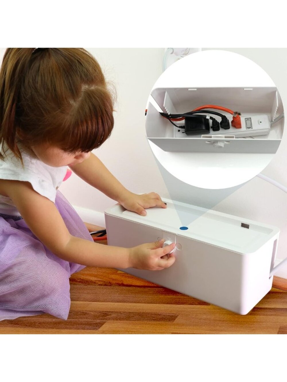 Baby Proof Power Strip Cover Box - Dual Lock Design, Side Openings for Cords